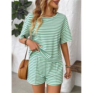 Striped Round Neck Short Sleeve Top and Shorts Set